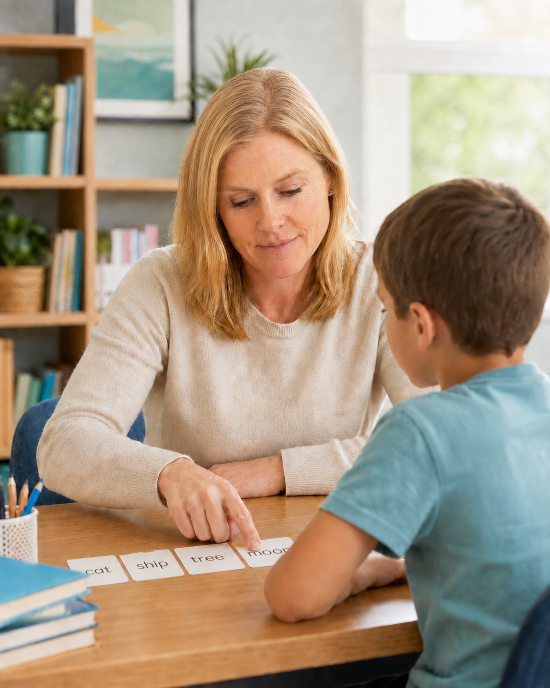 Fiona Henshaw completing a literacy activity with a child